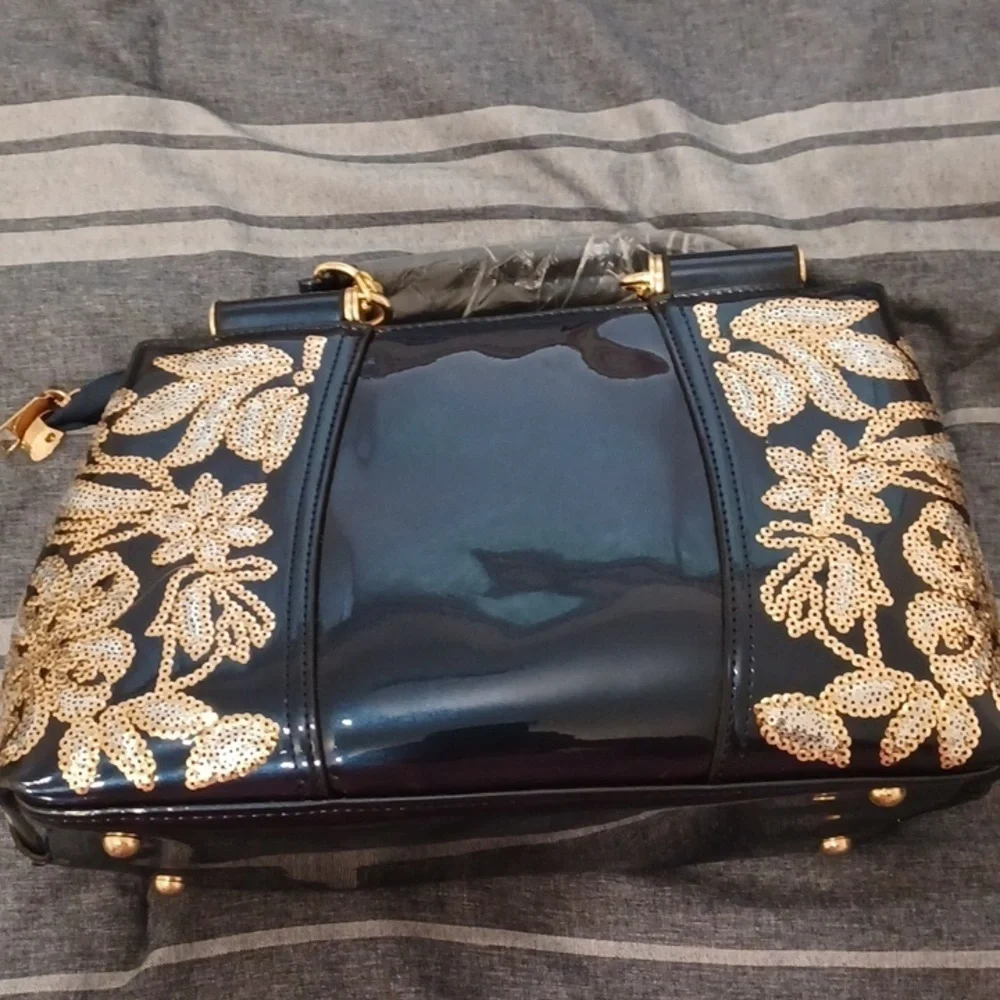 Patent Leather Top Handle Crossbody Handbag, Navy & Gold & Silver, 12.5x7. 5x5.5